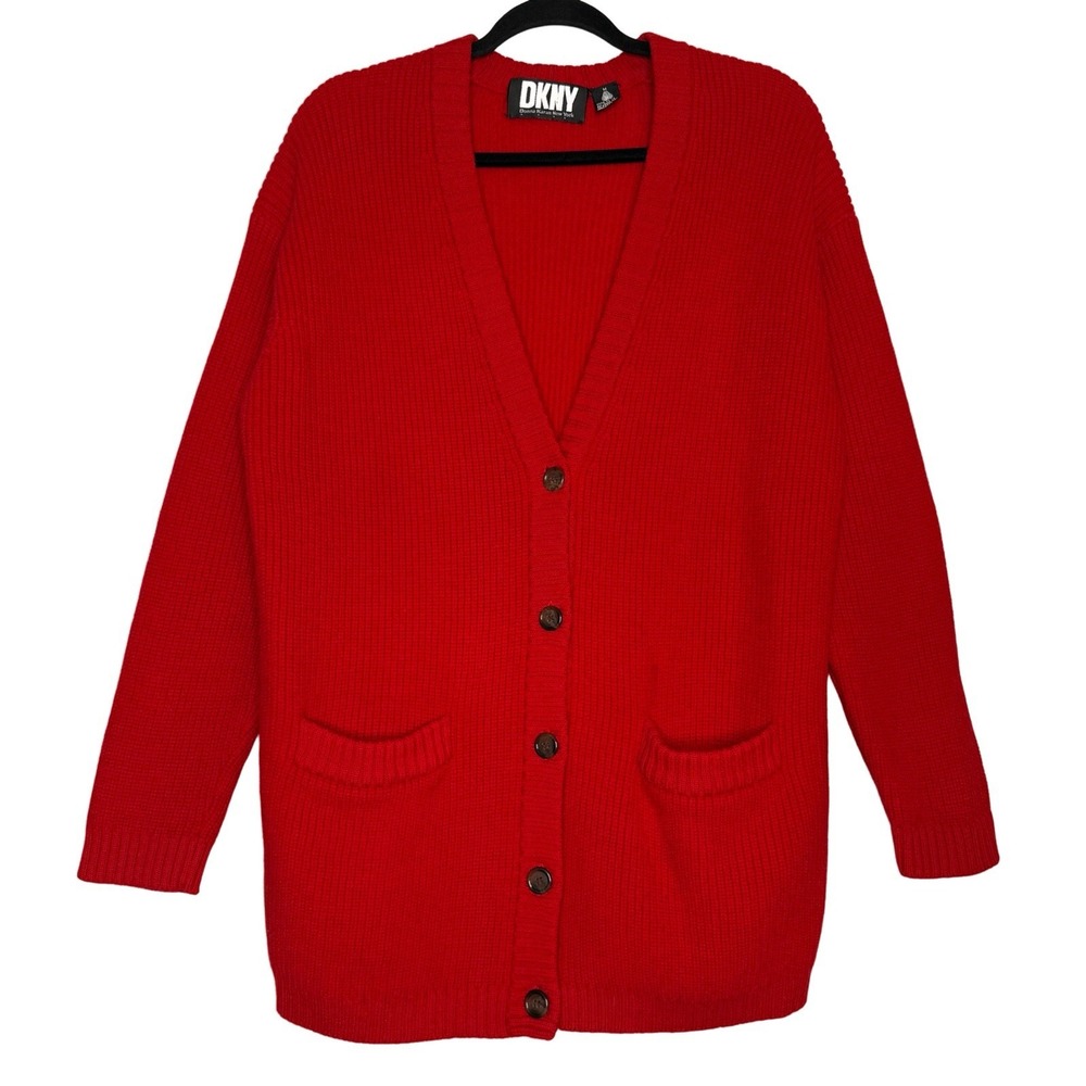 Vintage DKNY Medium Cardigan Sweater Red 100% Wool Heavy Knit Long Button Up